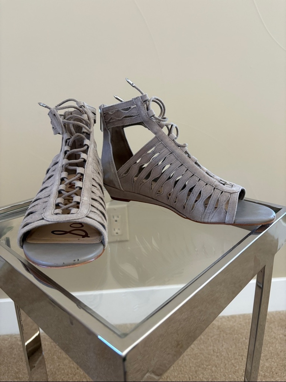 Sam Edelman Lace-Up Cage Heels in Light Gray Suede